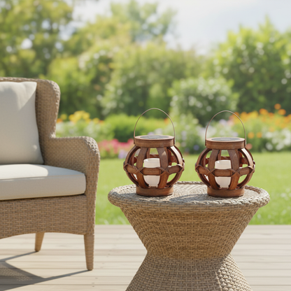 LED Light, (2 Stuks) Tafellamp buiten op zonne-energie - Hout look met LED kaars - IP44