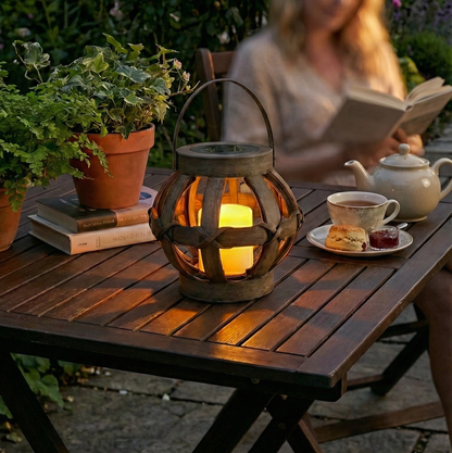 LED Light, (2 Stuks) Tafellamp buiten op zonne-energie - Hout look met LED kaars - IP44