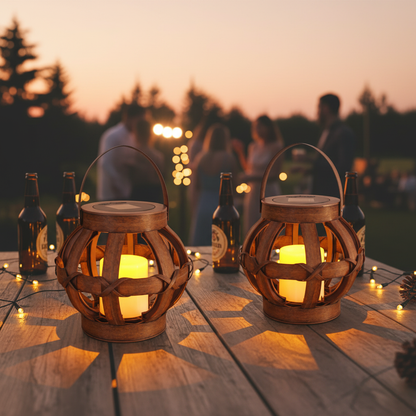 LED Light, (2 Stuks) Tafellamp buiten op zonne-energie - Hout look met LED kaars - IP44