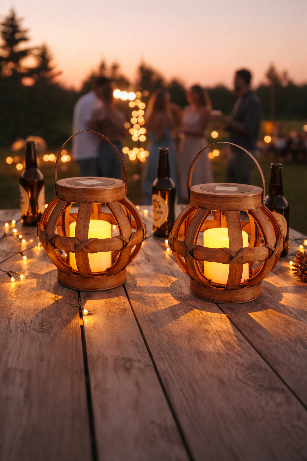 LED Light, (2 Stuks) Tafellamp buiten op zonne-energie - Hout look met LED kaars - IP44