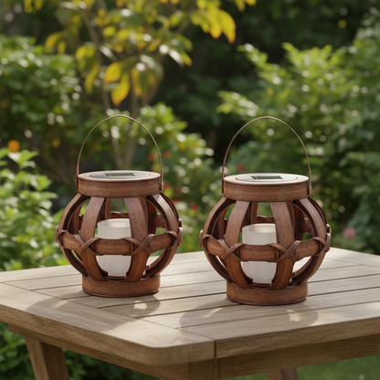 LED Light, (2 Stuks) Tafellamp buiten op zonne-energie - Hout look met LED kaars - IP44